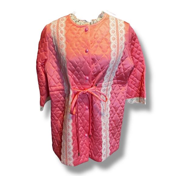 Vintage 60s Pink Quilted Satin Pajama Lounge Set Lace Trim Size 34 Medium - Picture 2 of 13